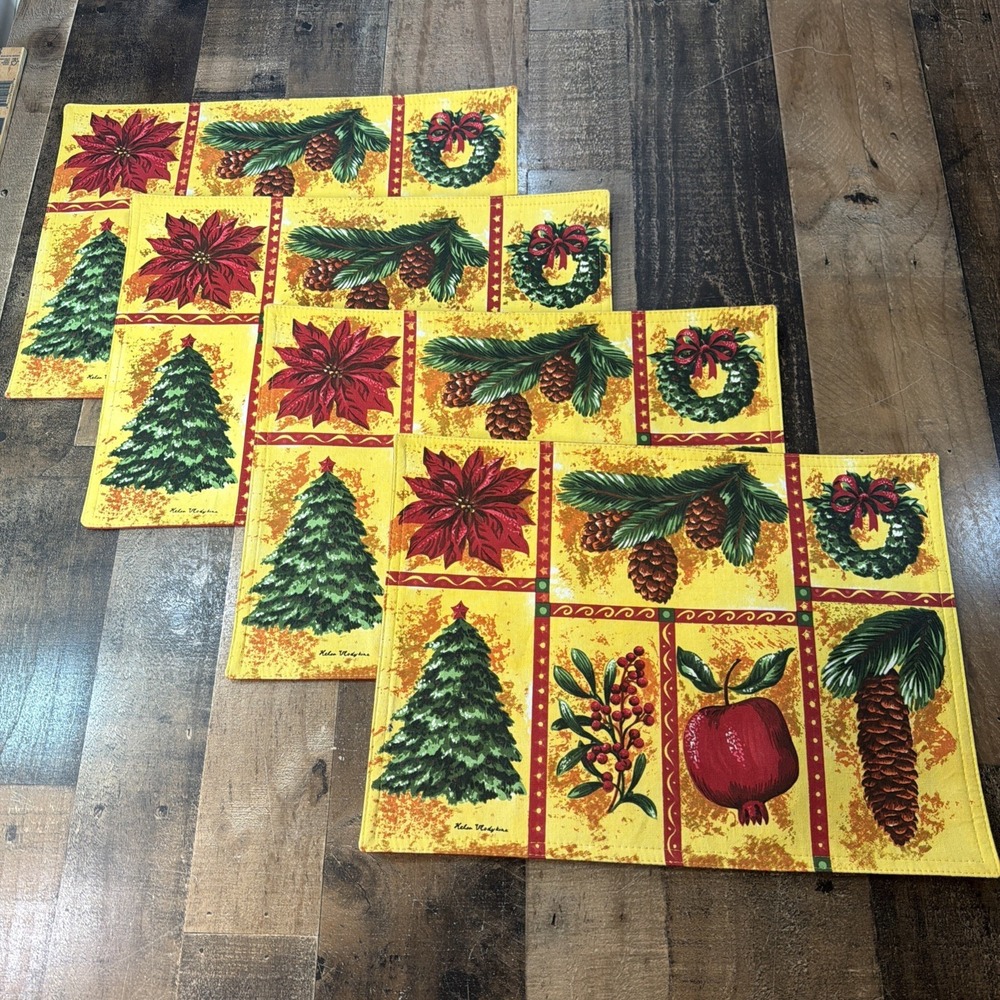 Vintage Helen Vladykina Christmas Linen Placemats Set of 4 Festive Botanical Art